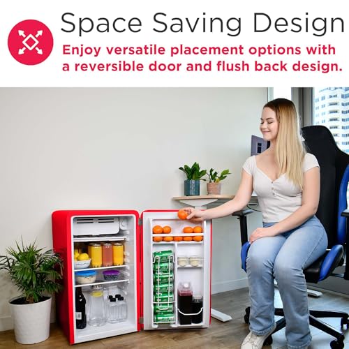 Frigidaire Retro Compact Refrigerator with Chiller, 3.2 cu ft Countertop Fridge, Built-In Bottle Opener, Rounded Corners, Premium, for Office, Bedroom, Dorm Room, Cabin, 18.5D x 20W x 31.5H (Red)