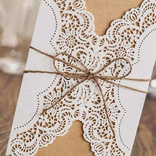 Hosmsua 5 X 7.4 Inch 50Pcs White Rustic Wedding Invitations Kit With Laser Cut Hollow Lace Invitations Rustic Hemp Rope Invitation For Wedding Quinceanera Invite #TOP5