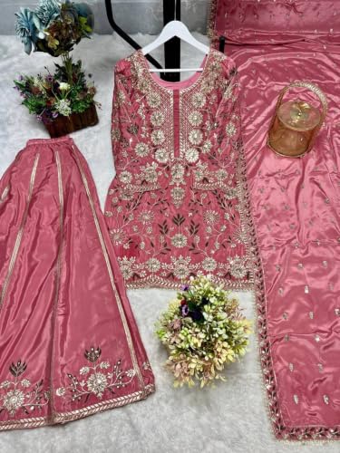 Image of Anveri Women's Pink Embroidered Kurta with Sharara and Dupatta Set | wedding | party | festival