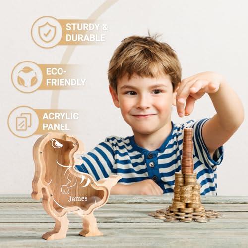 Image of Wooden Dinosaur Piggy Coin Banks for Kids Name