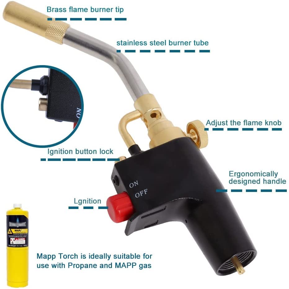 TS7000 Propane Torch Head with Igniter, TS7000 High Intensity Mapp Gas Torch Head with Brass Tip and Adjustable Flame Knob Welding Torch for Light Welding, Soldering, Brazing, Heating,Thawing