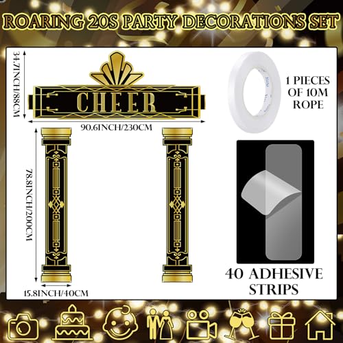 Image of Tingjoo 6 Pcs Roaring 20s Party Decorations Set Black and Gold Door Cover Banner with Gold Tinsel Fringe Curtain Backdrop 1920s Birthday Speakeasy Awards Night Vintage Jazz Flapper Wedding Supplies