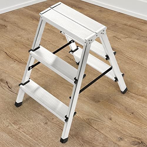 KADAX Aluminium Step Ladder, Folding Step Ladder up to 125 kg, with Non-Slip Steps, Step Ladder, Double-Sided Aluminium Ladder, Folding Ladder, Household Ladder (3 Steps)
