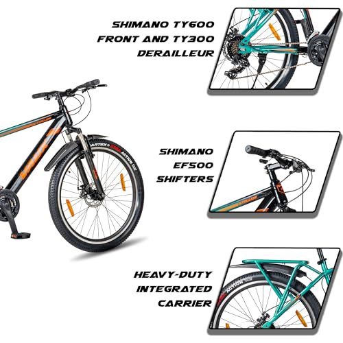 Image of Vaux Stallion-Pro 27.5T Gear Cycle for Men with Carrier, 27.5inch MTB with 21 Speed Shimano Gears, Front Suspension, Dual Disc Brakes, 18 inch Hi-Ten Steel Frame, Double Wall Alloy Rims(Green-Black)
