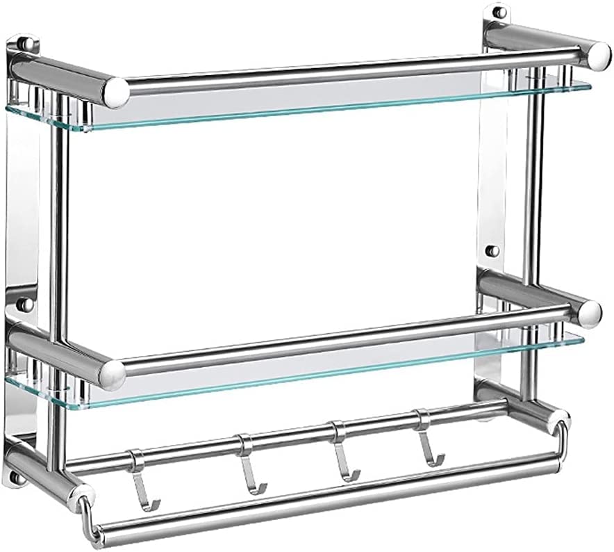 IOCCIOBB Bathroom Glass Shelf Adhesive Bathroom Shelf with Towel Bar and Hooks Aluminum Thickening No Drilling Shower Caddy