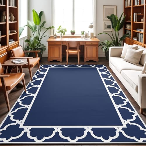 Area Rug 3'x5', Navy Blue Morocco Washable Large Area Rugs for Kitchen Bedroom Laundry Bathroom Office, Modern Tile Geometric Middle Century Non Slip Door Mat Indoor Entryway Floor Accent Throw Carpet