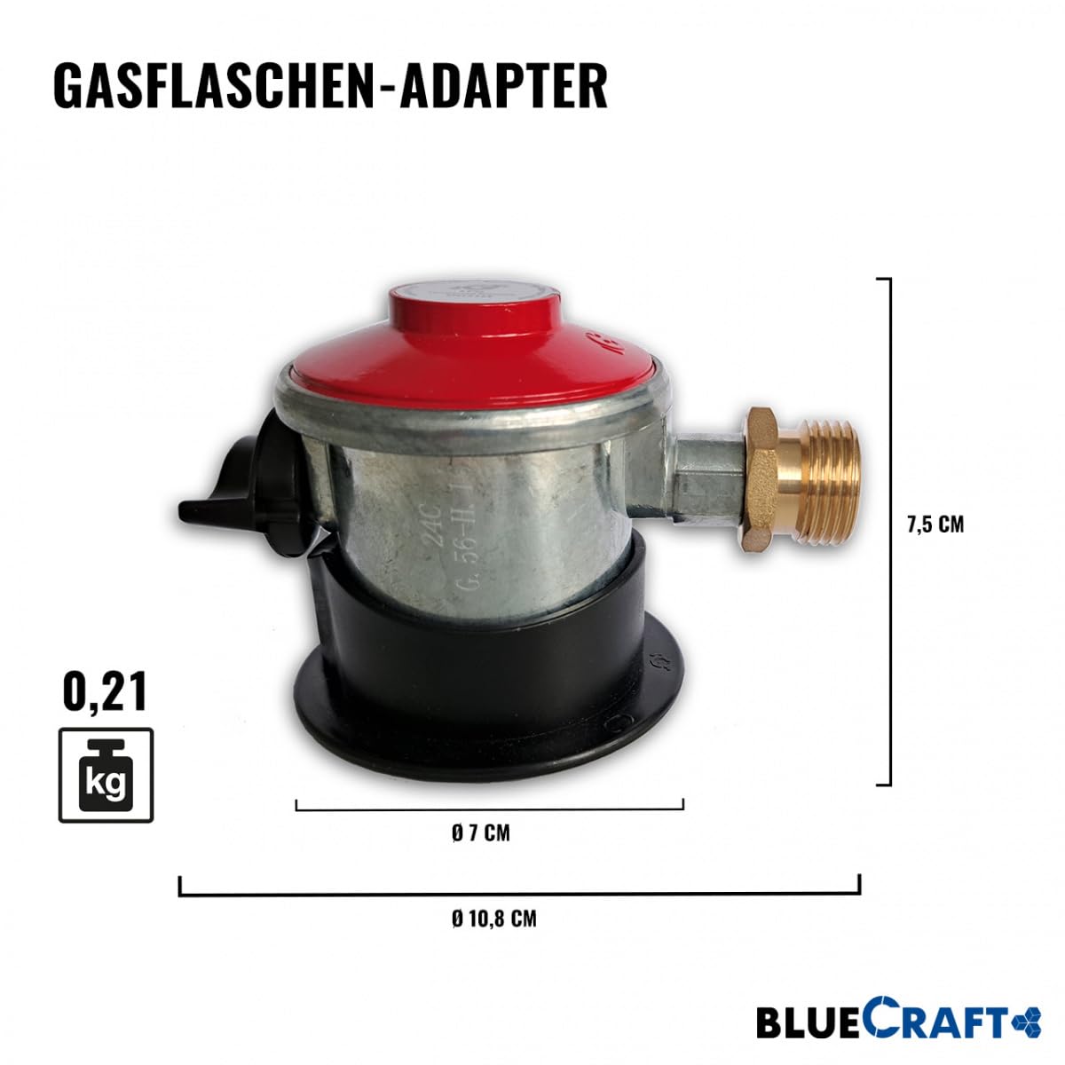Bluecraft Gasflaschen Adapter für ausländische Gasflaschen in Spanien, Portugal, Norwegen UVM. Clip-On Jumbo 35mm für deutsche Gasregler 30mbar 50mbar