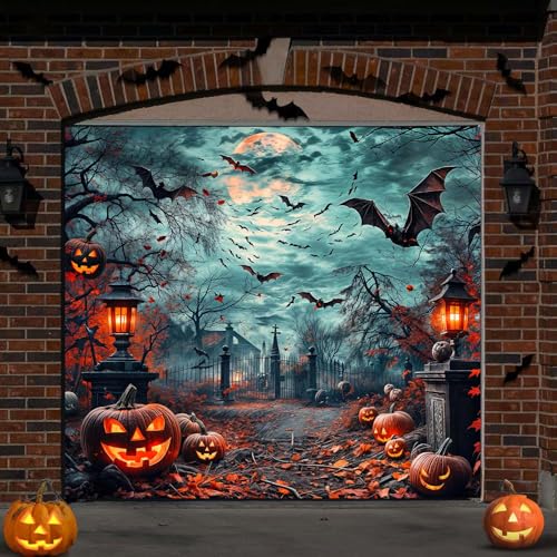 Toile de fond pour décoration de porte de garage d'Halloween, citrouille, lanterne, chauve-souris, pleine lune, cimetière, bannière de fond pour cimetière, forêt de nuit effrayante, toile de fond