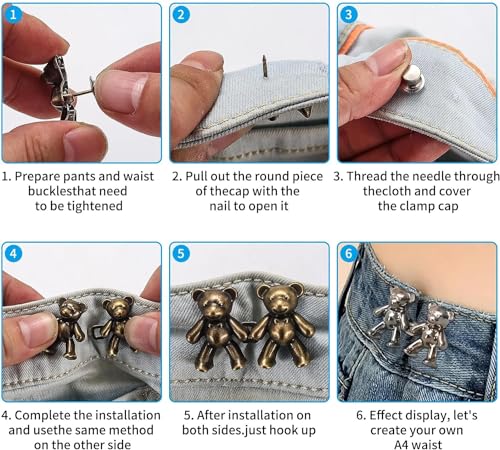 Image of 1 Pair Cute Bear Jeans Button Pins No Sew Detachable Waist Body Fit Tighten Buckles Perfect Girl's Gifts for Women Skirt Pant Jeans (Multi Color)
