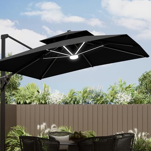 Image of Deconk 10' X 13' Patio Umbrella with Weighted Base and LED Lights Outdoor Cantilever Large Rectangle Offset Umbrellas Heavy Duty Aluminum
