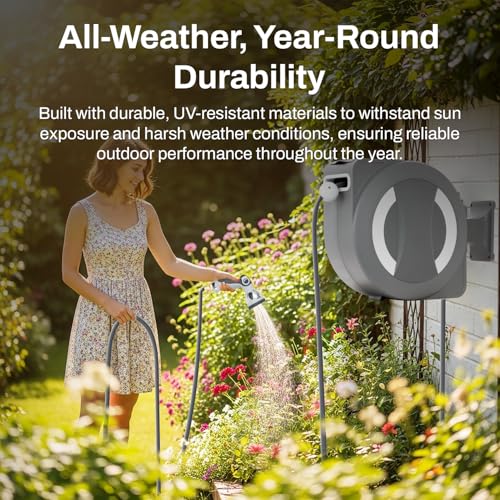Image of Betta EaseReel Battery-Powered Wall-Mounted Retractable Hose Reel, with Quick-Access Dual Hose Length Control, 8 Spray Patterns Nozzle, Automatic Roll-Up & Tangle-Free Hose Guide (1 /2'', 100FT /30m)