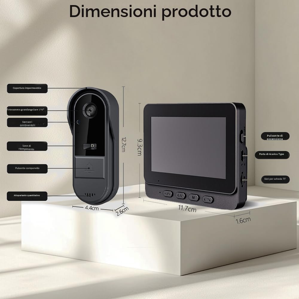 TKMARS Campanello wireless con telecamera 1080p, videocitofono da esterno con schermo da 4,3", angolo di visione di 170°, visione notturna, videocitofono per la casa, senza Wi-Fi e app