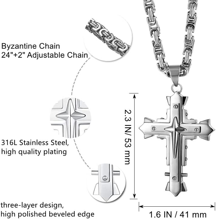 Stainless Steel Large Jesus Christ Cross Pendant Necklace Religious Jewelry For Men,On 24 In Rolo/Byzantine Chain,Silver/Gold/Black - Image 3