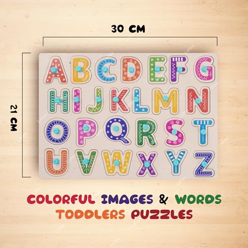 Image of Lefan Wooden Alphabet Puzzle with Pegs - A to Z ABC Learning Board for Toddlers - Montessori Educational Toy for Kids Age 2+ - Early Literacy Development