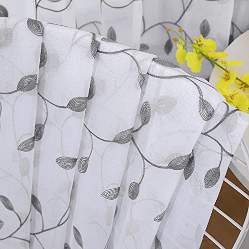 Tollpiz Leaves Sheer Tier Curtain Grey Leaf Embroidery Kitchen Half Curtains Rod Pocket Voile Faux Linen Embroidered Leaves Curtain For Bathroom, 30 X 36 Inches Long, Set Of 2 Panels #TOP6