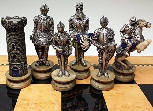 Medieval Times Crusades Gold & Silver Warrior Knights Chess Men Set W/ 15" High Gloss Dark Walnut & Birdseye Maple Color Board
