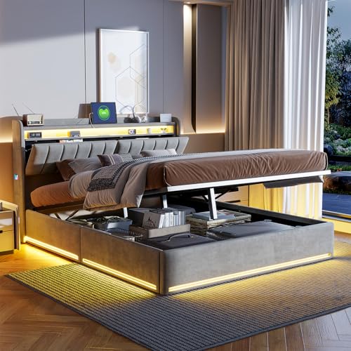 Miniatura 8 de Brilverde Cama 140x200 Cm Con Almacenaje Hidráulico, Cama Matrimonial Con Toma Usb Y Luz Led, Con Cabecero Acolchado Y Base De Láminas, Terciopelo Grey, 140 X 200 Cm