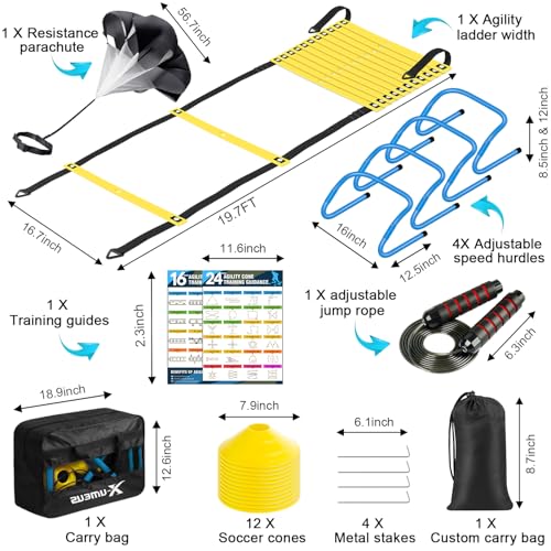 X-UMEUS Agility Ladder Speed Training Equipment Set-20ft Agility Ladder,12 Soccer Cones,4 Hurdles, Jump Rope, Running Parachute| Basketball Football Soccer Training Equipment for Kids Youth Adults - Image 3