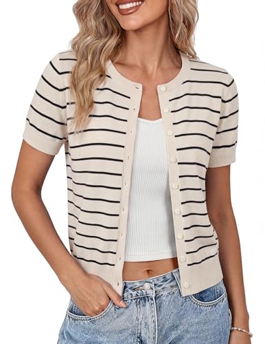 Image of GRACE KARIN Women Short Sleeve Cardigan, 2026 Summer Knitted Sweater Tops, Basic Crew Neck Crop Outfits
