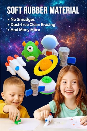 Image of Parshya Space Travel Eraser Set for Kids (6 Pcs) - Soft Rubber, Non-Toxic, Dust-Free Cartoon Erasers | Rocket, Astronaut, Alien, Planet & Spaceship | Fun Stationery for School & Gifts