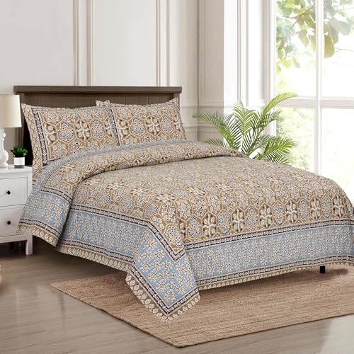 Image of King Size Cotton Bedsheet | 300 TC | 100% Cotton Flatsheet King Size with Two Pillow Covers | (254 * 274 cm, Jaipuri Block Print)