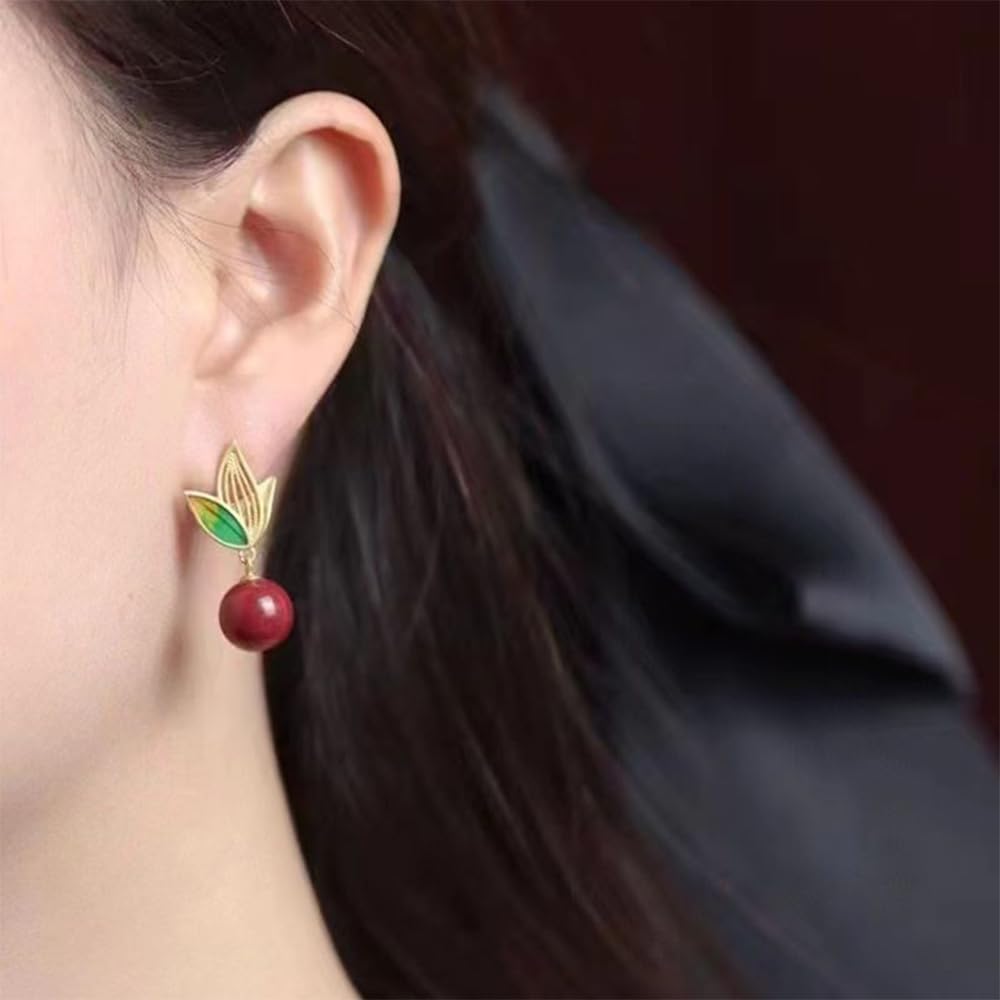 S925 Silver Gold-Plated with Natural Cinnabar Green Leaf Earrings Jade for Women Yoga Genuine