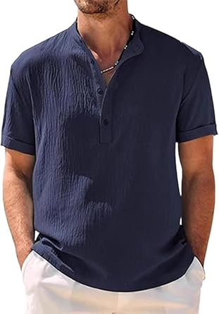 Mens Short Sleeve Texture Henley Shirt Casual Lightweight Beach Quarter Button Shirts Summer Vacation Work Shirt