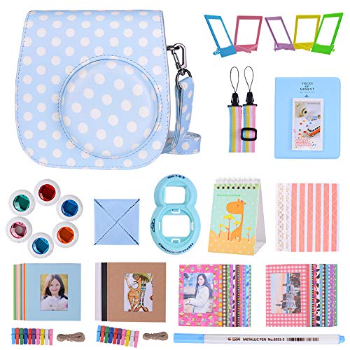 Goocor 15 in 1 Instax Mini 9 Camera Accessories Set for Fujifilm Instax Mini 9/ Mini 8/ Mini 8+ Camera, Includes Mini 9 Case,Albums,Six Color Filters,Rainbow Shoulder Strap, ETC (Punto Blanco Azul)