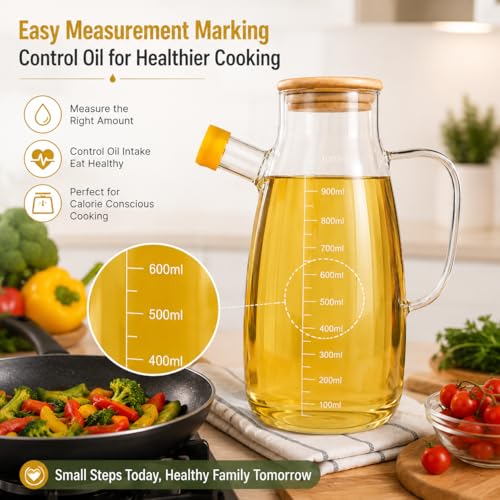 Image of Glass Oil Dispenser Bottle, Anti-Drip Spout, Leakproof Borosilicate Glass Oil Container with Measurement Markings for Kitchen, Olive Oil, Vinegar & Cooking (950, Milliliters)