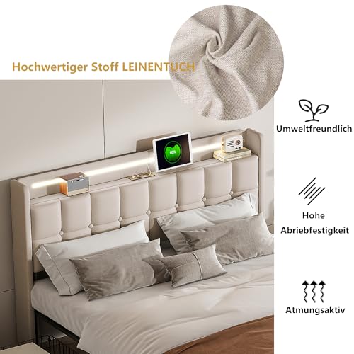 DULRLLY Bett 180x200 mit Stauraum Polsterbett Doppelbett mit 4 Schubladen und Kopfteil Stauraumbetten Jugendbett Funktionsbett 180x200 Bettgestell mit Lattenrost, Ohne Matratz,Linnen (Beige) – Bild 6