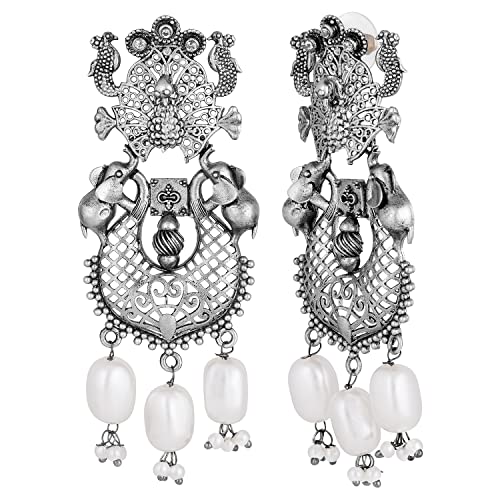 Peacock Theme Oxidised Finish Earrings