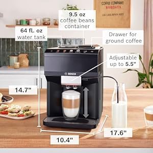 Bosch tpu40109 500 series fully automatic espresso machine with whole bean compartment and ground coffee chute tft display touch control panel external milk system and 9 beverage options black  urban country home decor