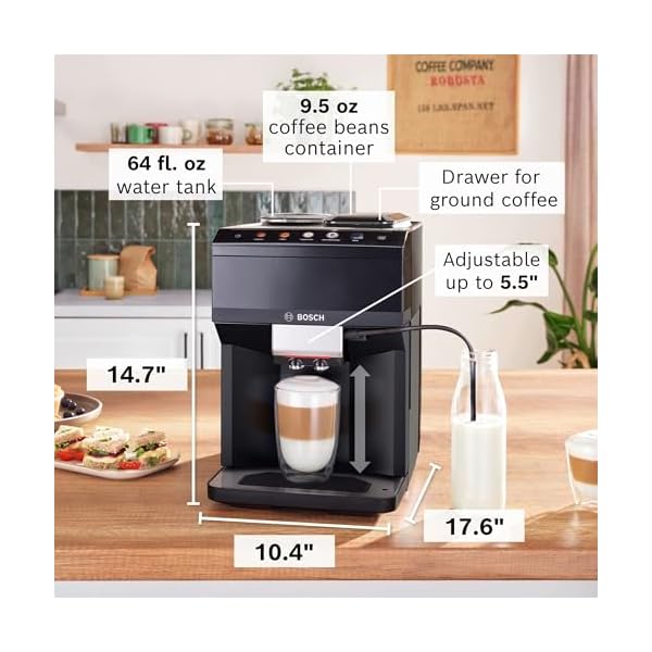 Bosch tpu40109 500 series fully automatic espresso machine with whole bean compartment and ground coffee chute tft display touch control panel external milk system and 9 beverage options black  urban country home decor