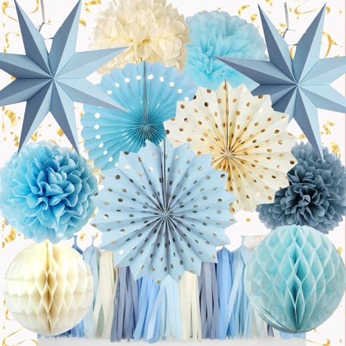 Décorations de fête bleues et beiges au design bohème épuré