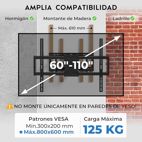 Miniatura 3 de Bontec Soporte Tv Pared De 60-110 Pulgadas, Soporte Television Pared Giratorio E Inclinable, Extensión De 1016 Mm, Vesa 800x600 Mm, Carga 125 Kg, Para Televisores Planos, Curvos Y Pantallas Grandes