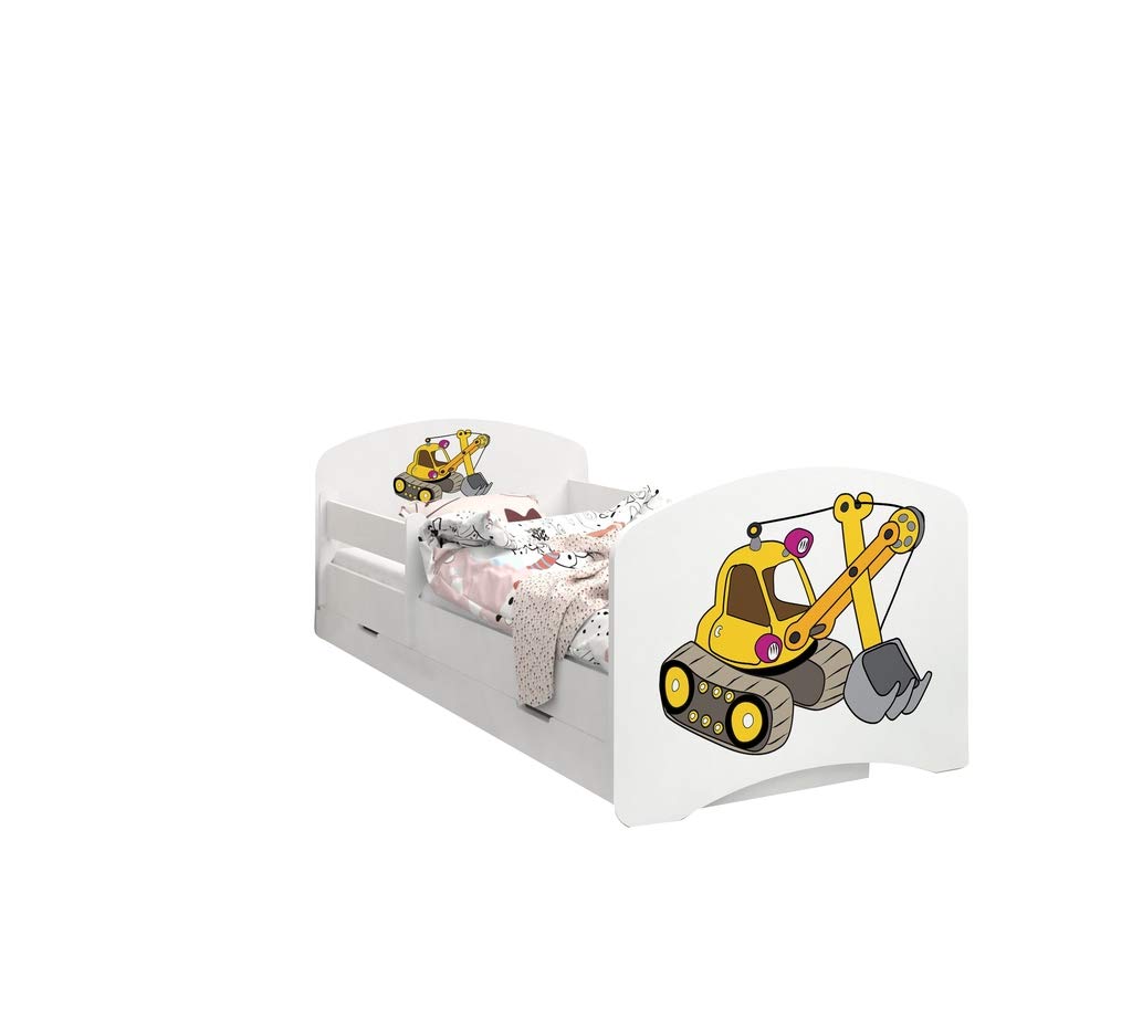 Happy Babies - Dwustronne łóżko dziecięce z szufladą Nowoczesne wzornictwo z bezpiecznymi krawędziami i zabezpieczeniem przed upadkiem materac piankowy 7 cm. (160x80, 71. żółta koparka)