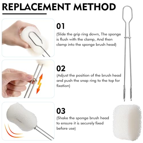 Image of Sponge Bottle Brush Set 8PCS Cup Cleaning Brush with Replaceable Sponge Stainless Steel Long Handle Bottle Scrubber Brush Baby Bottle Brushes (4 Brushes+4 Replacement Sponges + 4 Hooks)