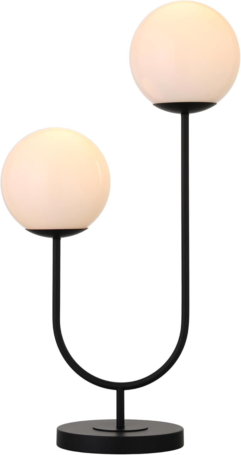 Henn&Hart 28" Mid-Century Modern 2-Light U-Shaped Table Lamp with White Milk Glass Globe Shade for Living Room, Bedroom, or Office, Black