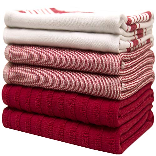 Image of Premium Kitchen Towels (20 inchx 28 inch, 6 Pack) | Large Cotton Dish Towels | Flat & Terry Highly Absorbent Kitchen Linen Set with Hanging Loop | Red Striped