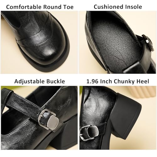Women's Genuine Leather Platform T-Strap Mary Janes Retro Round Toe Adjustable Buckle Chunky Heel Pumps Comfortable Work Uniform Dress Shoes3