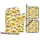 Ofenhandschuhe Topflappen 4Er Set Bunte Sombrero-Tacos Und Chilis Grillhandschuhe Doppelschicht Küchendekoration Topfpads, Für Grillen, Backen, Küche