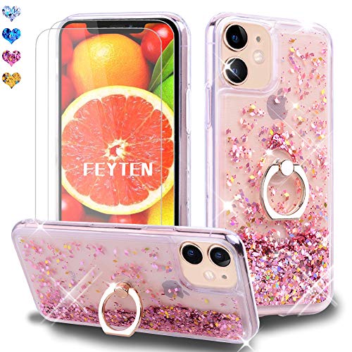 Feyten Coque pour iPhone 11 avec Verre Trempé [Lot de 2], Shiny Étincelle Glitter Liquide Paillette 3D Housse Étui Anneau Stand Support pour iPhone 11 (6,1 Pouces) (Or Rose) Cover