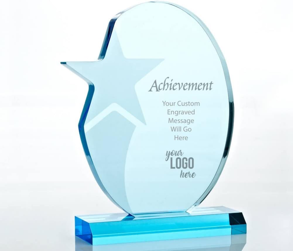 Engraved Trophy - Sky Blue Acrylic - Award for Employees - Personalized Engraving Up to Three Lines and Pre-Written Verse Selection