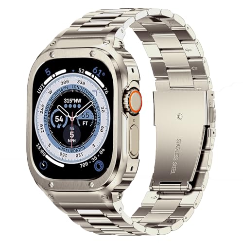 Image of MioHHR Stainless Steel Band and Case Compatible with Apple Watch Band 49mm | Men Metal Protective Bumper Cover with Straps for iWatch 49mm Series Ultra 3, Ultra 2, Ultra, Titanium Color