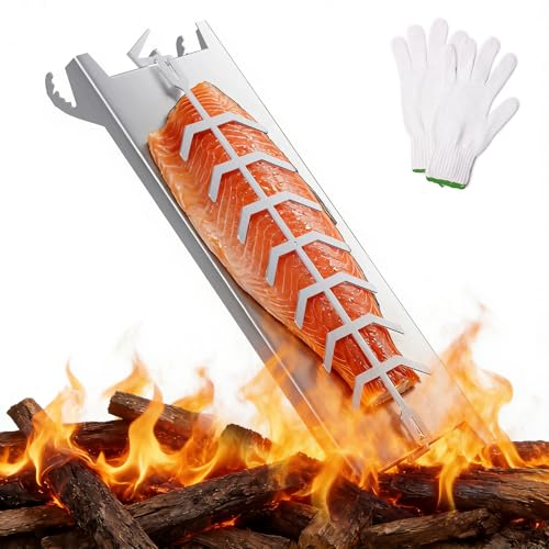 Flammlachsbrett Edelstahl 60 cm Flammlachshalter 180 drehbar & 5-stufig neigbar verstärkte Basis passend für Feuerschale Kugelgrill Gasgrill (bis 6 mm) spülmaschinenfest inkl. Handschuh