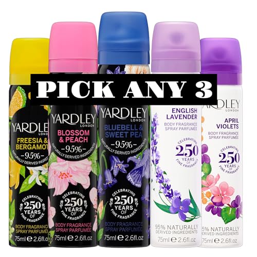 Yardley London Body Fragrance Spray 75ml | Mix & Match Any 3 Scents | Choose from English Lavender, Blossom & Peach, Bluebell & Sweet Pea, Freesia & Bergamot, April Violets | 3 x 75ml