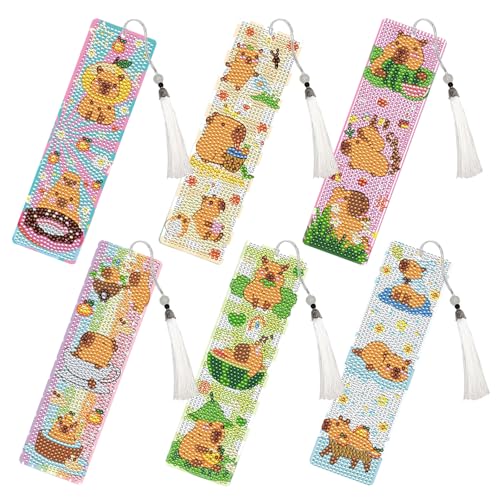 INCOK Capybara Diamond Art Bookmarks - 6 Pcs DIY Funny Diamond Painting Bookmarks Kits with Tassel Cute Animal Art Craft Birthday Festival Gift for Beginner Reading Lover