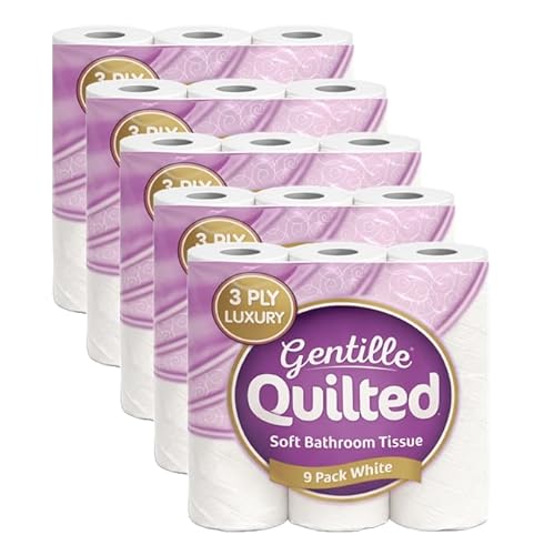 Gentille Quilted Bathroom Tissue | Luxury 3-Ply Toilet Paper | Soft, Strong, & Sustainable | Made in The UK | 45 Rolls