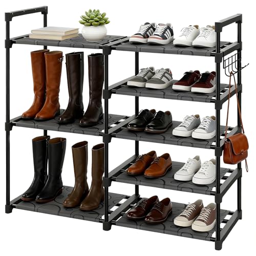 Altdnmaf 5 tier Shoe and Boot Storage Rack 84cm Wide Large Welly Stand Stackable Long Show Rack for Entryway Hallways Kitchens Bedrooms Tidy Organiser Black