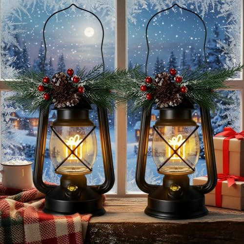 Grinsvalley 2 Pack 15 Inch Christmas Lantern Decorative Outdoor Hanging Lantern Gift Box Filament Vintage with Pine Cone Needle Centerpiece for Indoor Farmhouse Porch Party Decor(Gift Box, Black)
